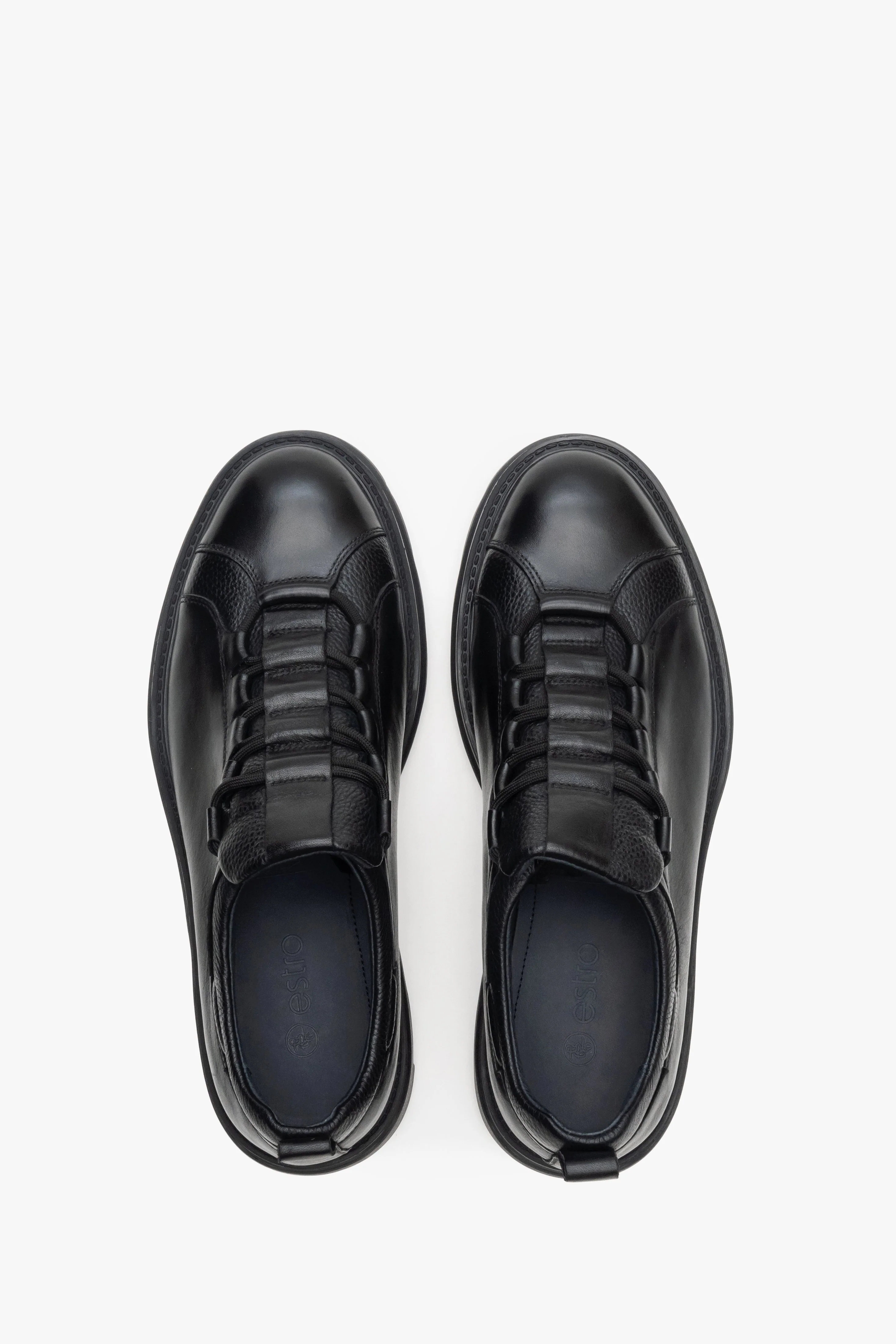 Skórzane półbuty męskie w kolorze czarnym z elastycznym sznurowaniem Estro ER00114196 - Image 4