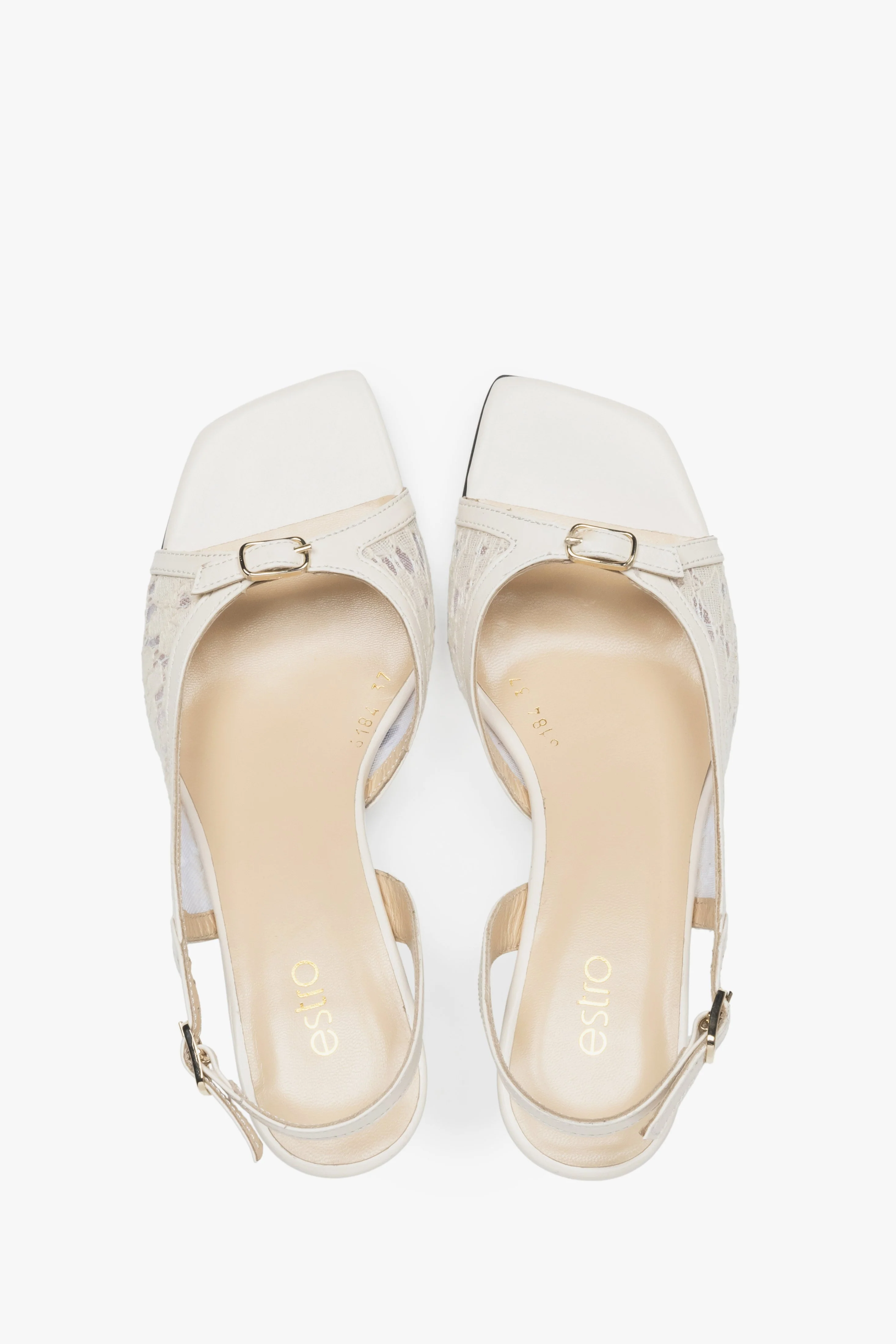 Białe sandałki damskie na obcasie typu slingback z ozdobną koronką Estro ER00117438 - Image 4
