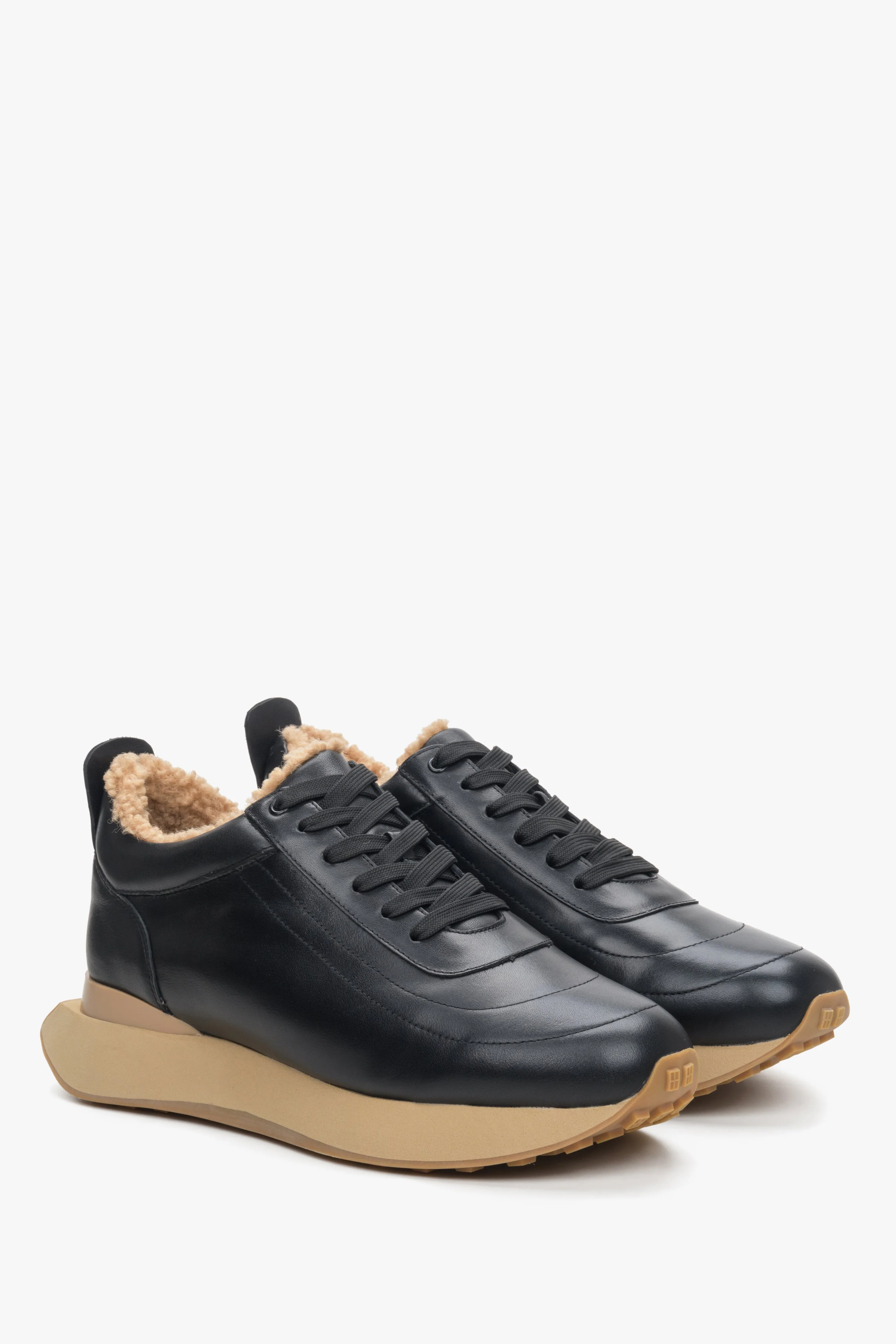 Czarno-beżowe sneakersy damskie na zimę ze skóry naturalnej z futrzanym wsadem Estro ER00114134 - Image 2