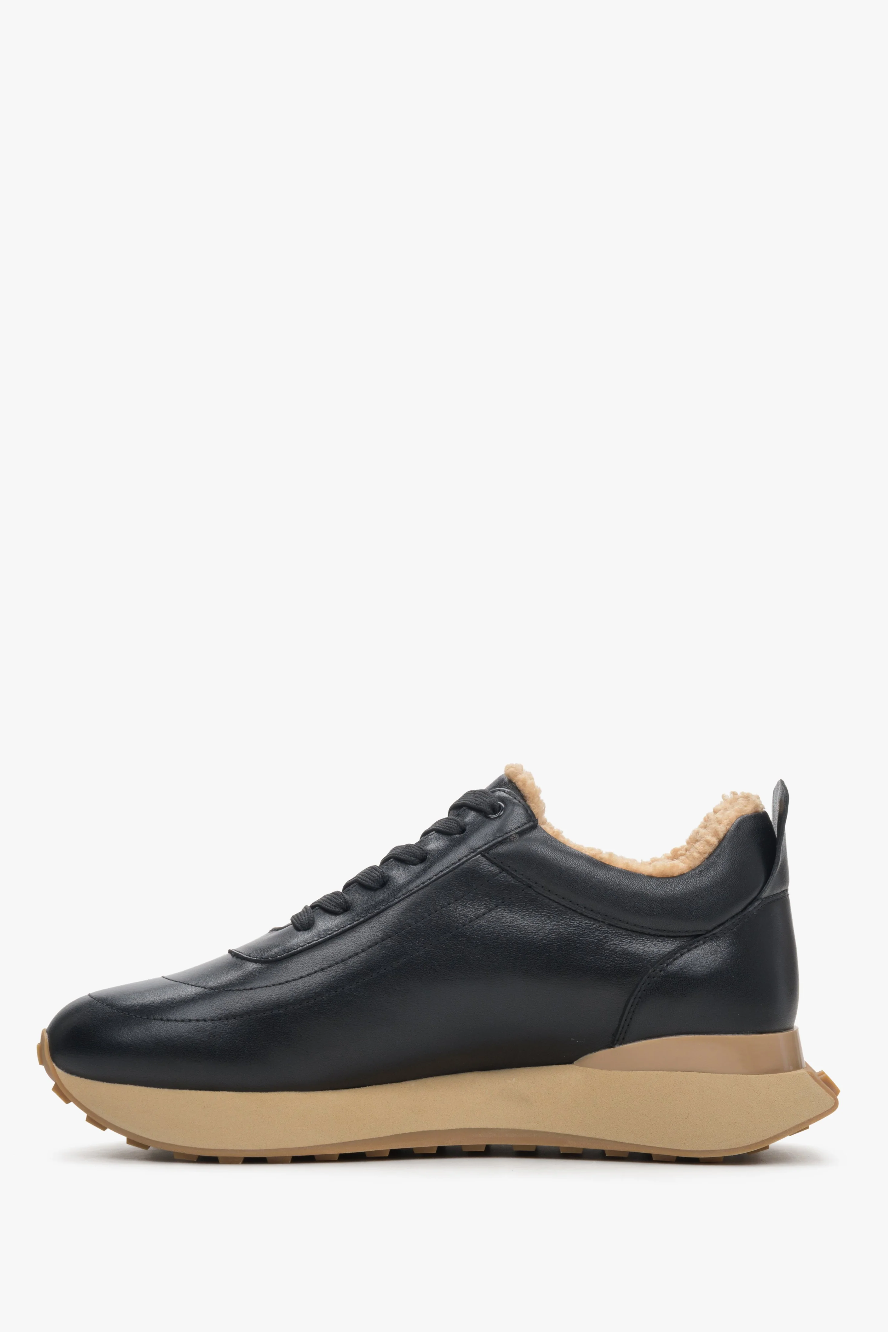 Czarno-beżowe sneakersy damskie na zimę ze skóry naturalnej z futrzanym wsadem Estro ER00114134 - Image 3