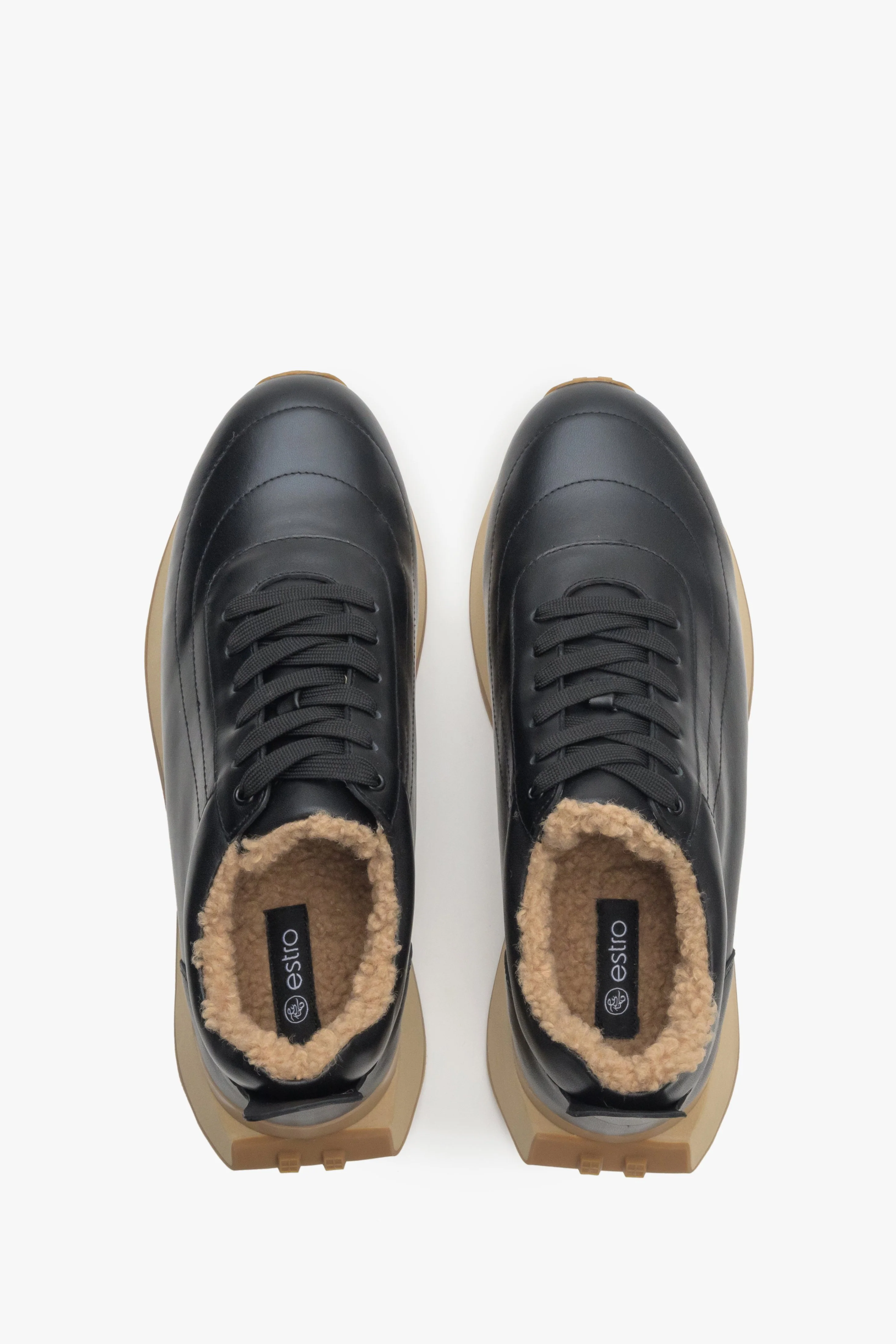 Czarno-beżowe sneakersy damskie na zimę ze skóry naturalnej z futrzanym wsadem Estro ER00114134 - Image 4