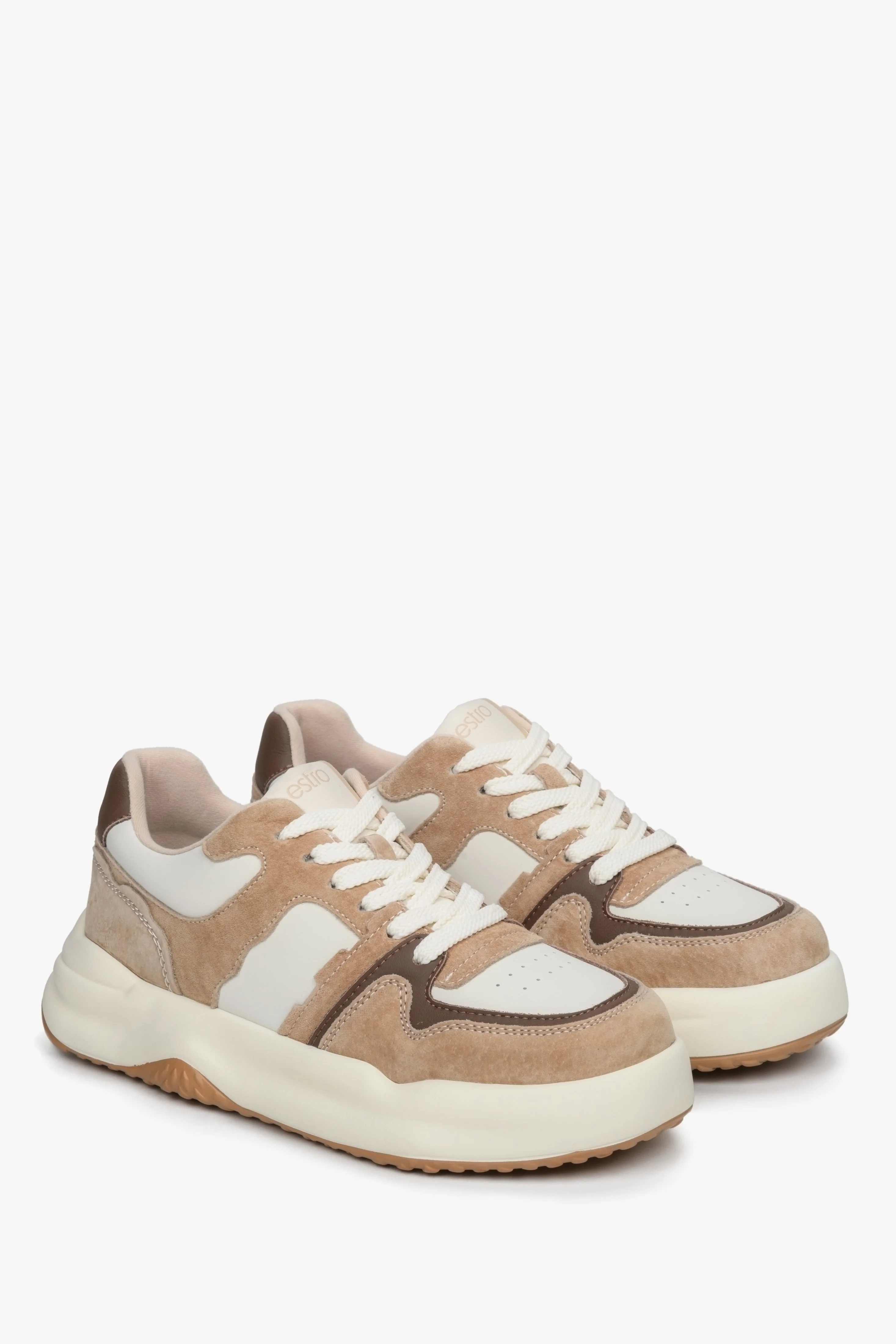 Beżowo-białe sneakersy damskie ze skóry i weluru Estro ER00112595 - Image 3