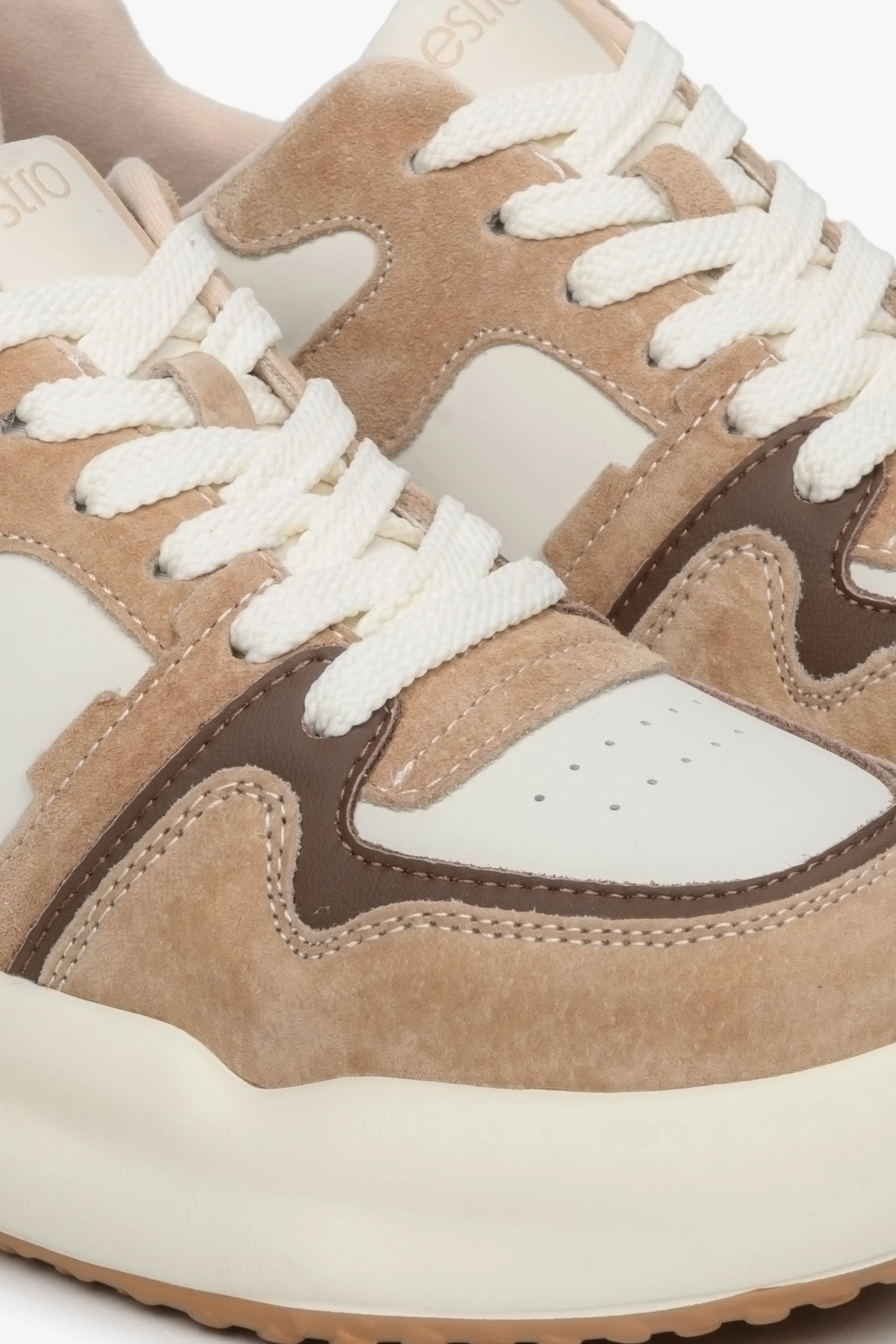 Beżowo-białe sneakersy damskie ze skóry i weluru Estro ER00112595 - Image 7