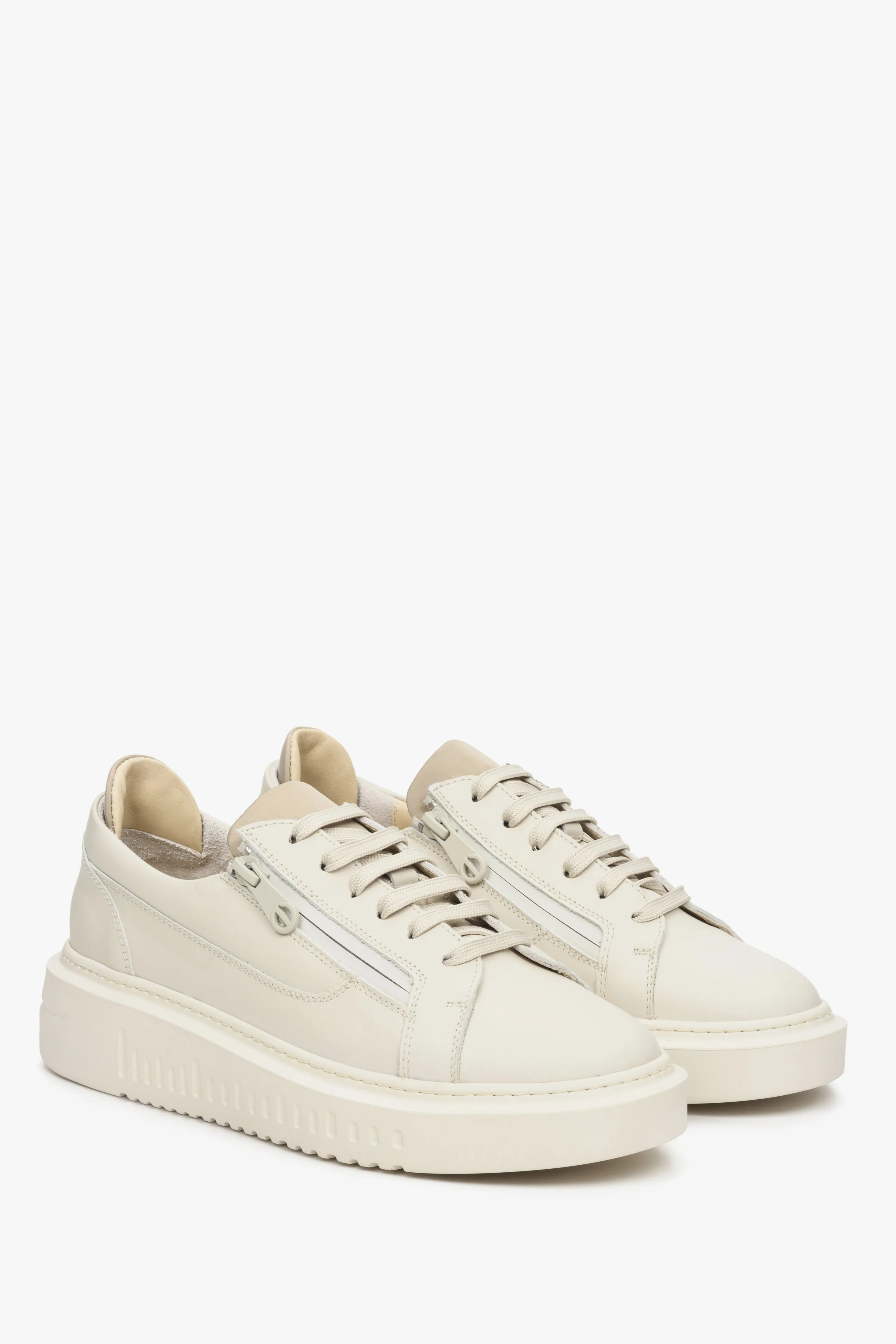 Sneakersy damskie skórzane z suwakiem w kolorze beżowym Estro ER00112644 - Image 2