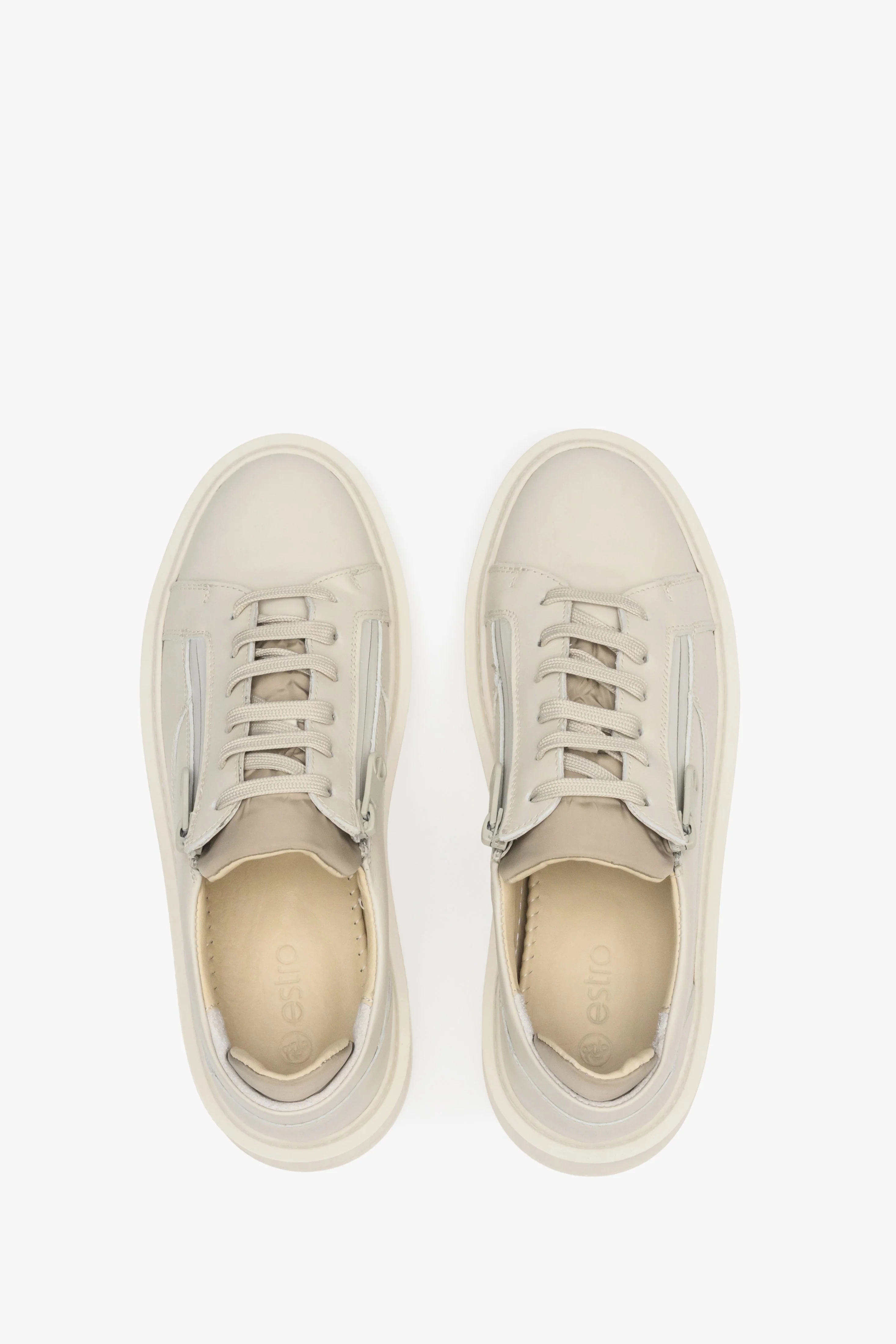 Sneakersy damskie skórzane z suwakiem w kolorze beżowym Estro ER00112644 - Image 4