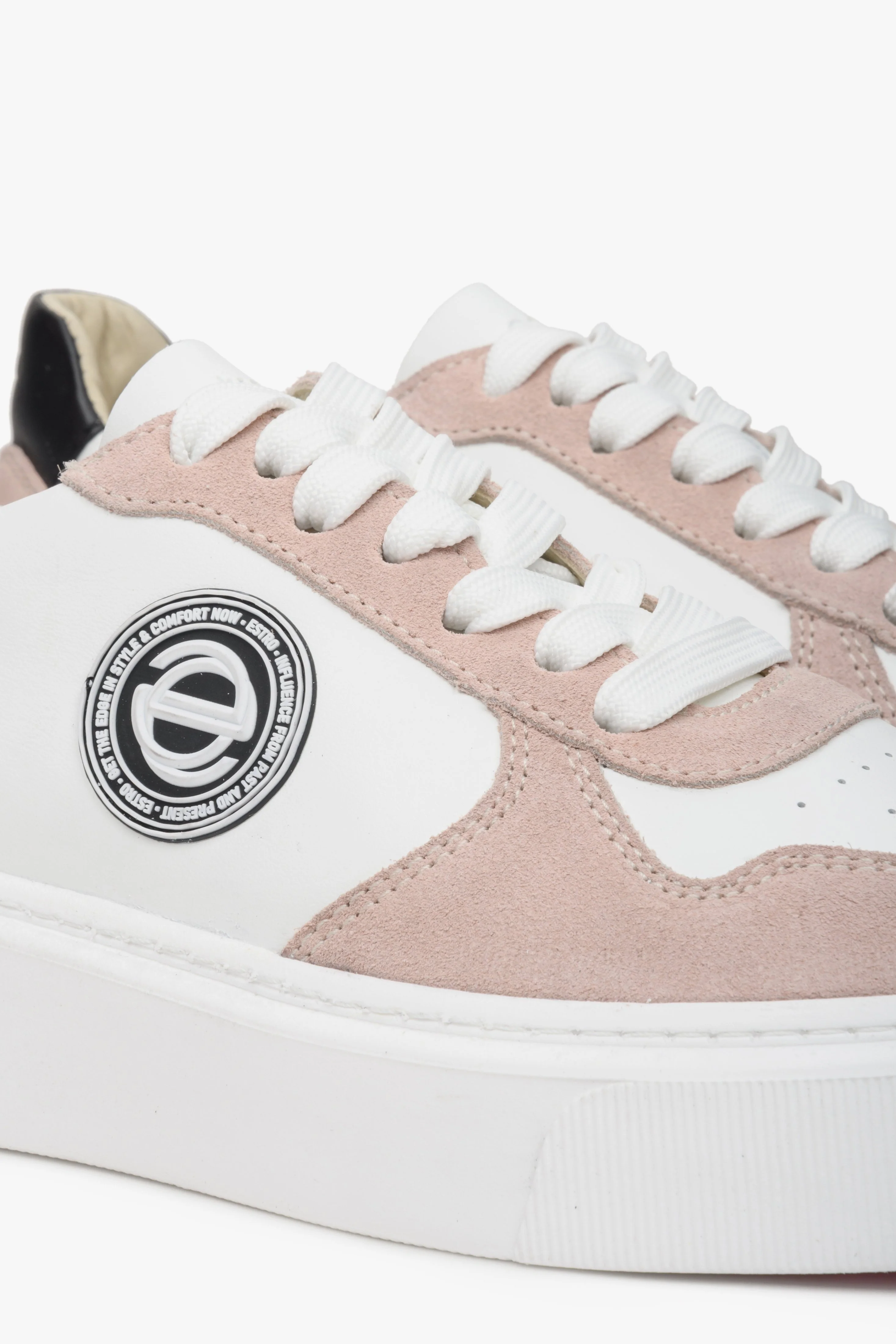 Różowo-białe sneakersy damskie ze skóry i weluru naturalnego Estro ER00113063 - Image 7