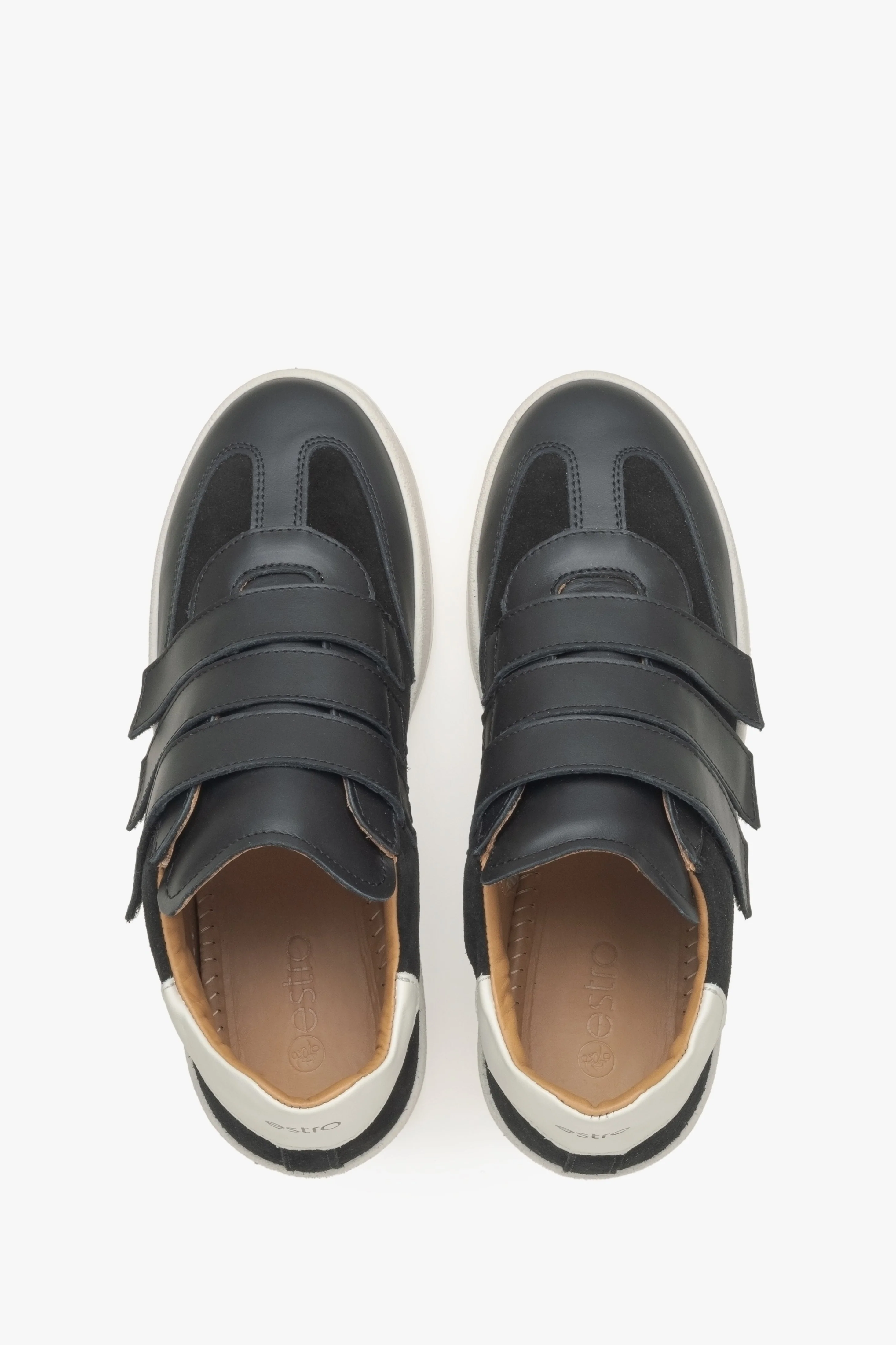 Czarne sneakersy damskie na rzep z włoskiej skóry naturalnej i weluru Estro ER00115924 - Image 4