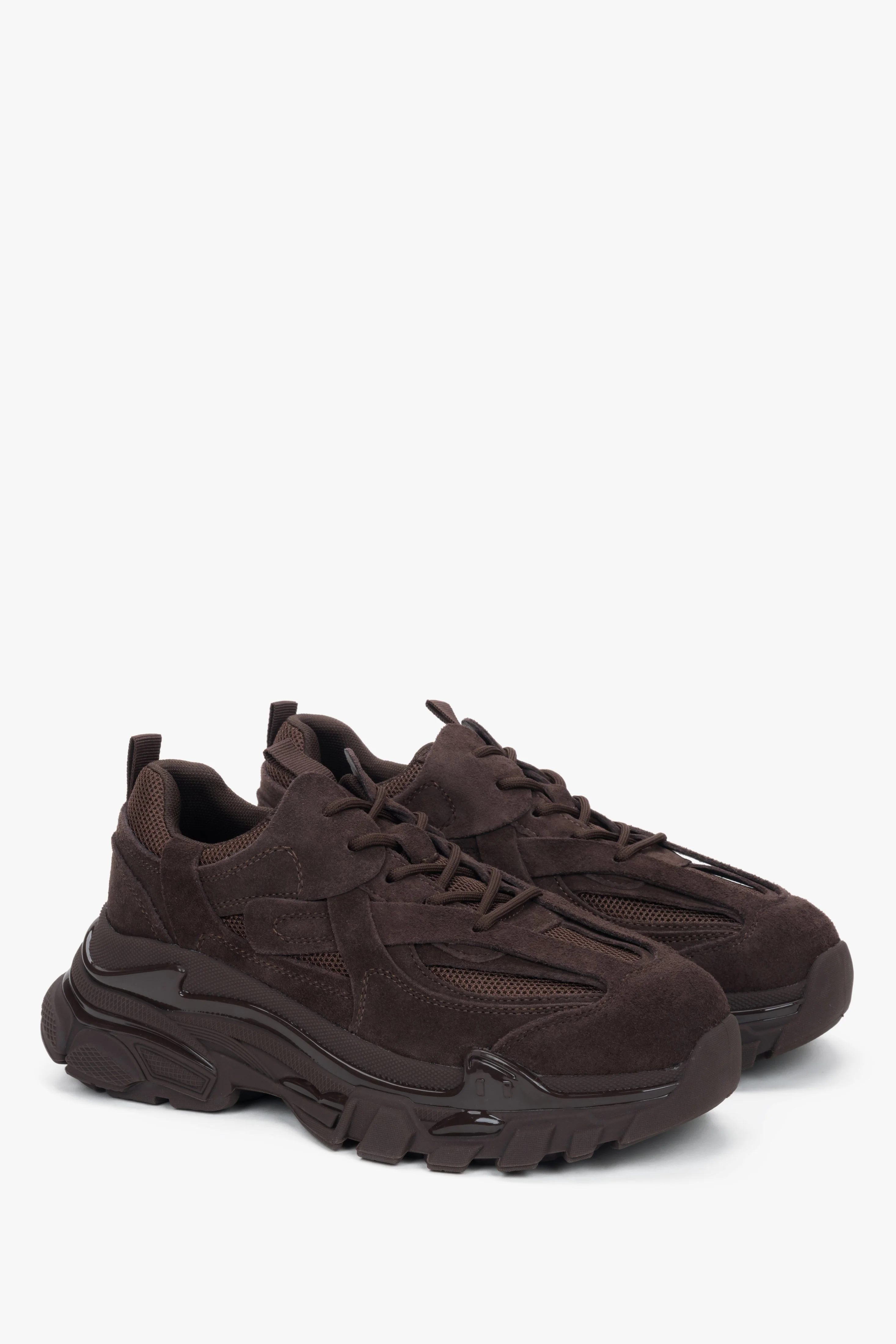 Ciemnobrązowe sneakersy damskie na grubej podeszwie z weluru naturalnego ES8 ER00119023 - Image 2