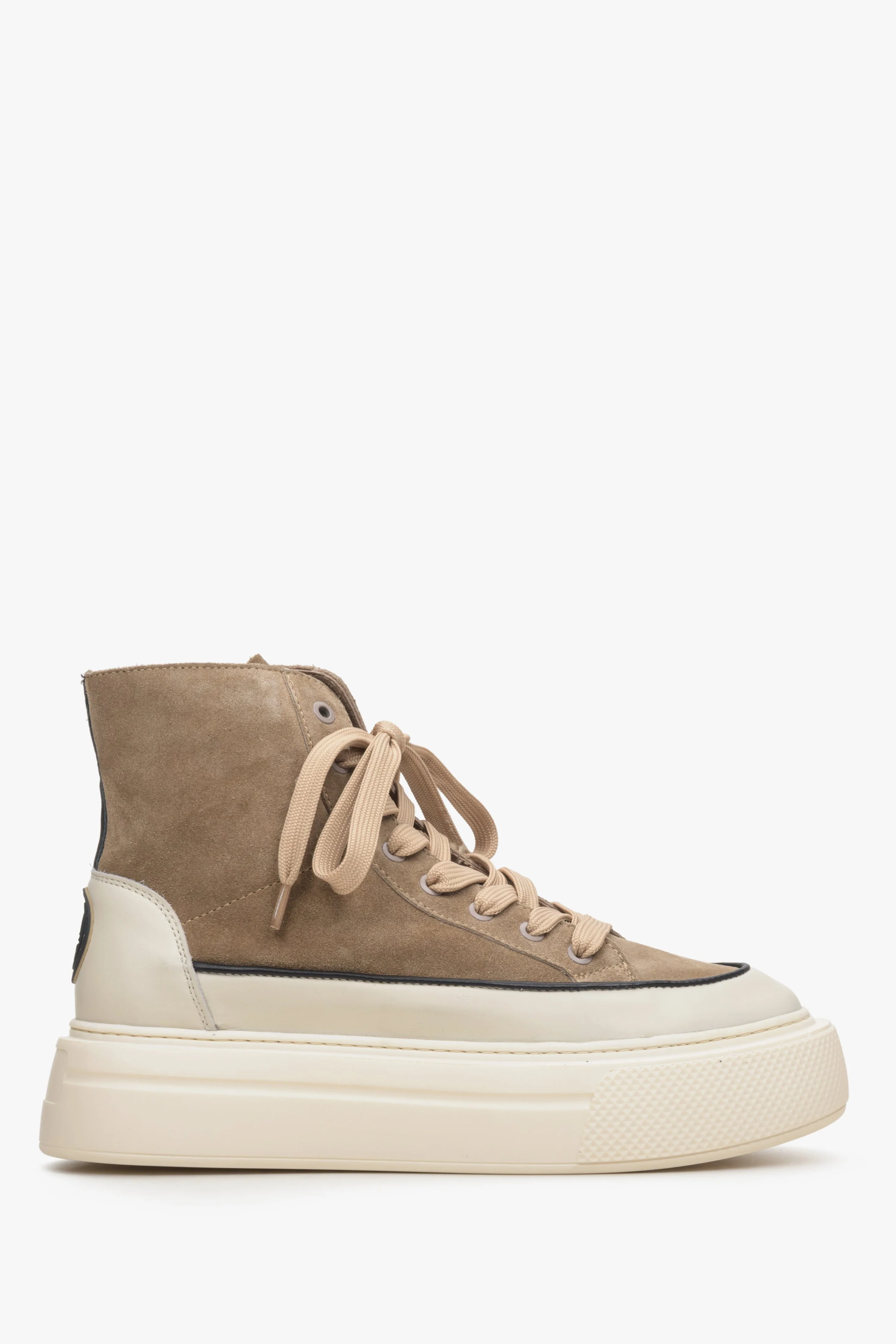 Brązowo-beżowe wysokie sneakersy damskie ze skóry i weluru Estro ER00113689 - Image 2