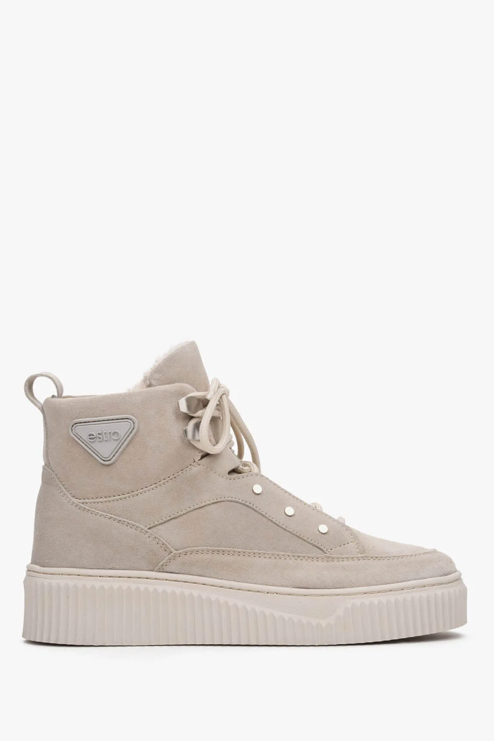 Wysokie sneakersy damskie z ociepleniem z beżowego zamszu naturalnego Estro ER00112210 - Image 4