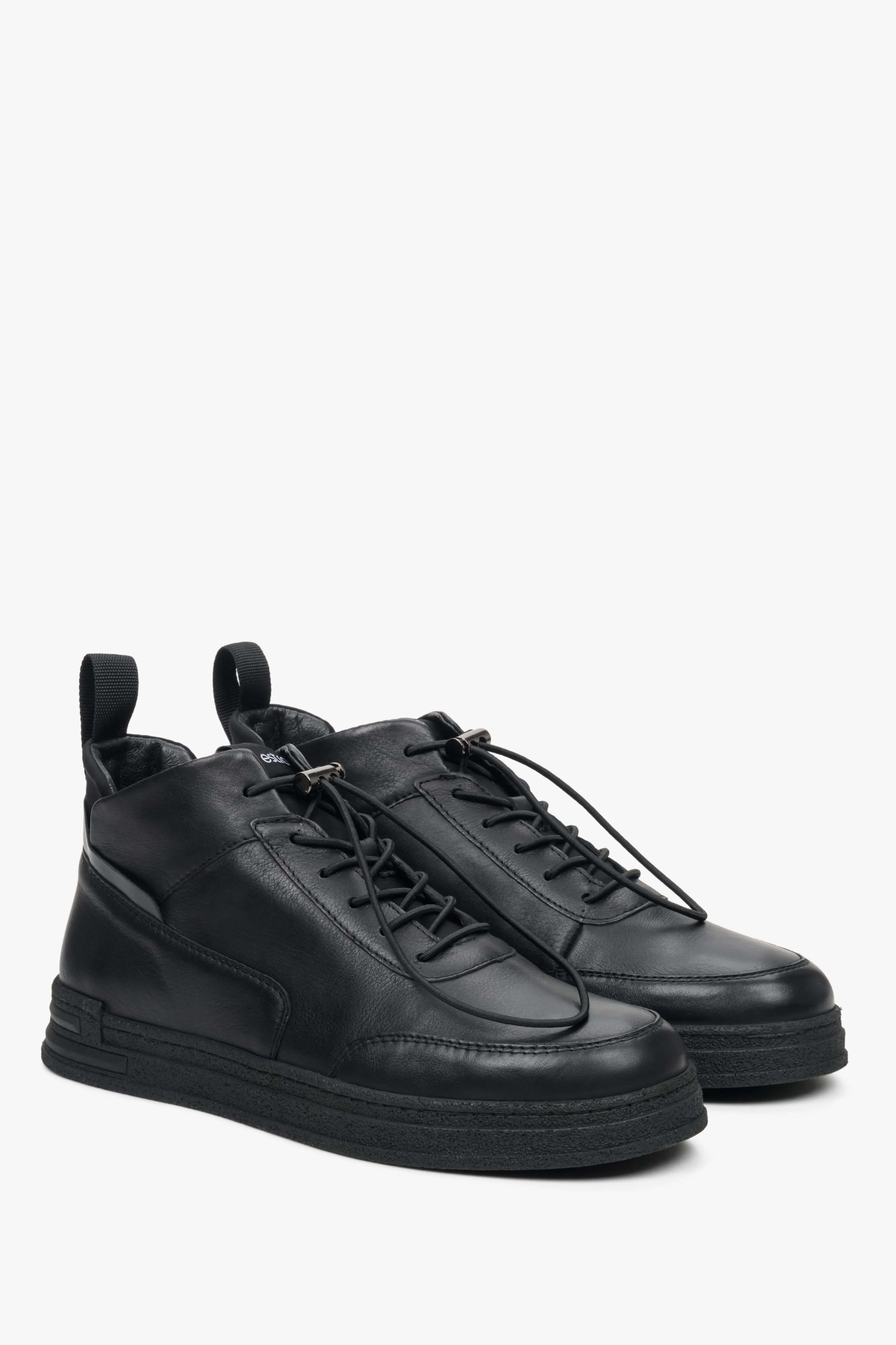 Wysokie sneakersy męskie ze skóry naturalnej, czarne Estro ER00112213 - Image 3