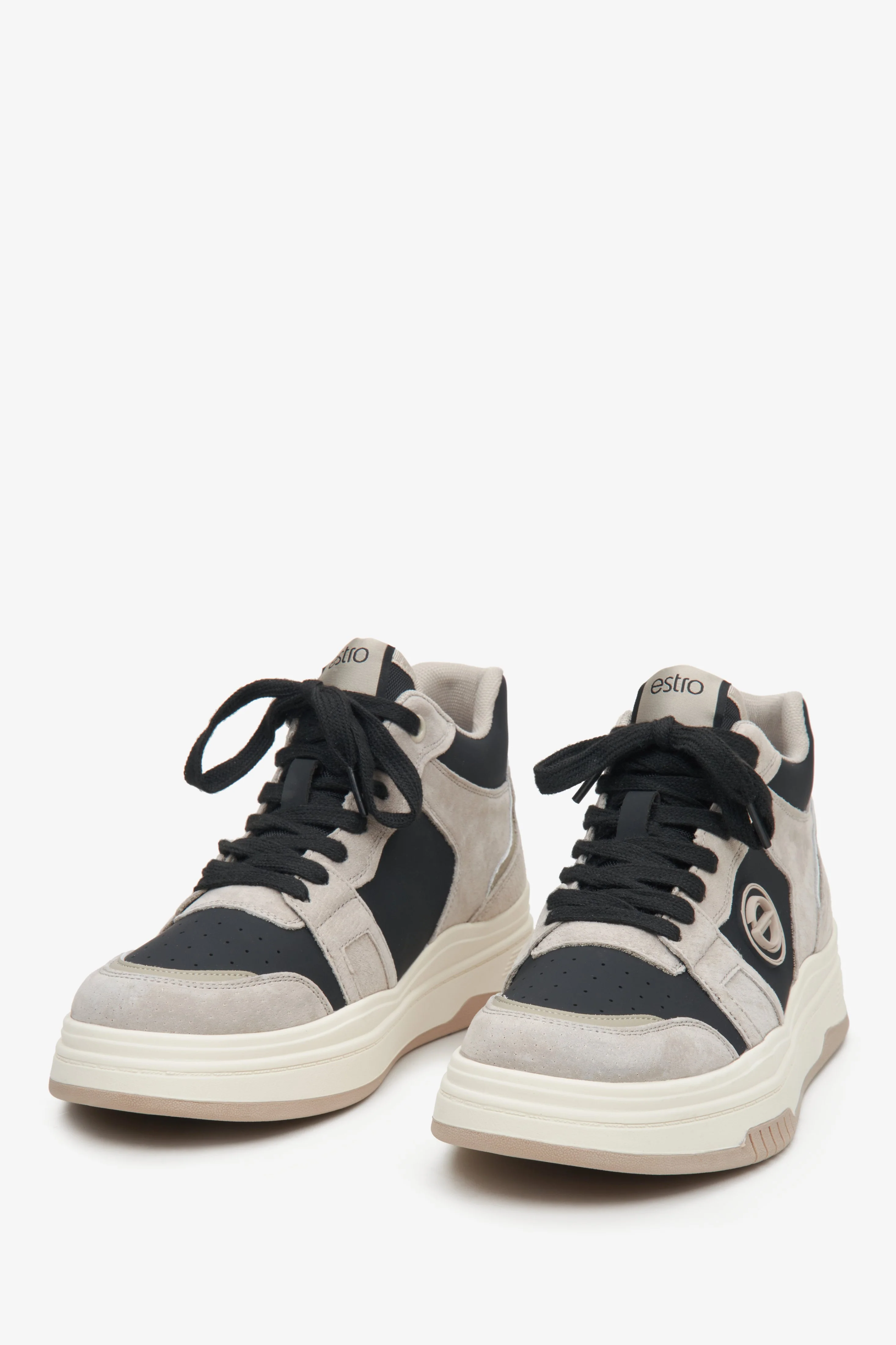 Szaro-czarne wysokie sneakersy damskie ze skóry i zamszu Estro ER00114288 - Image 6