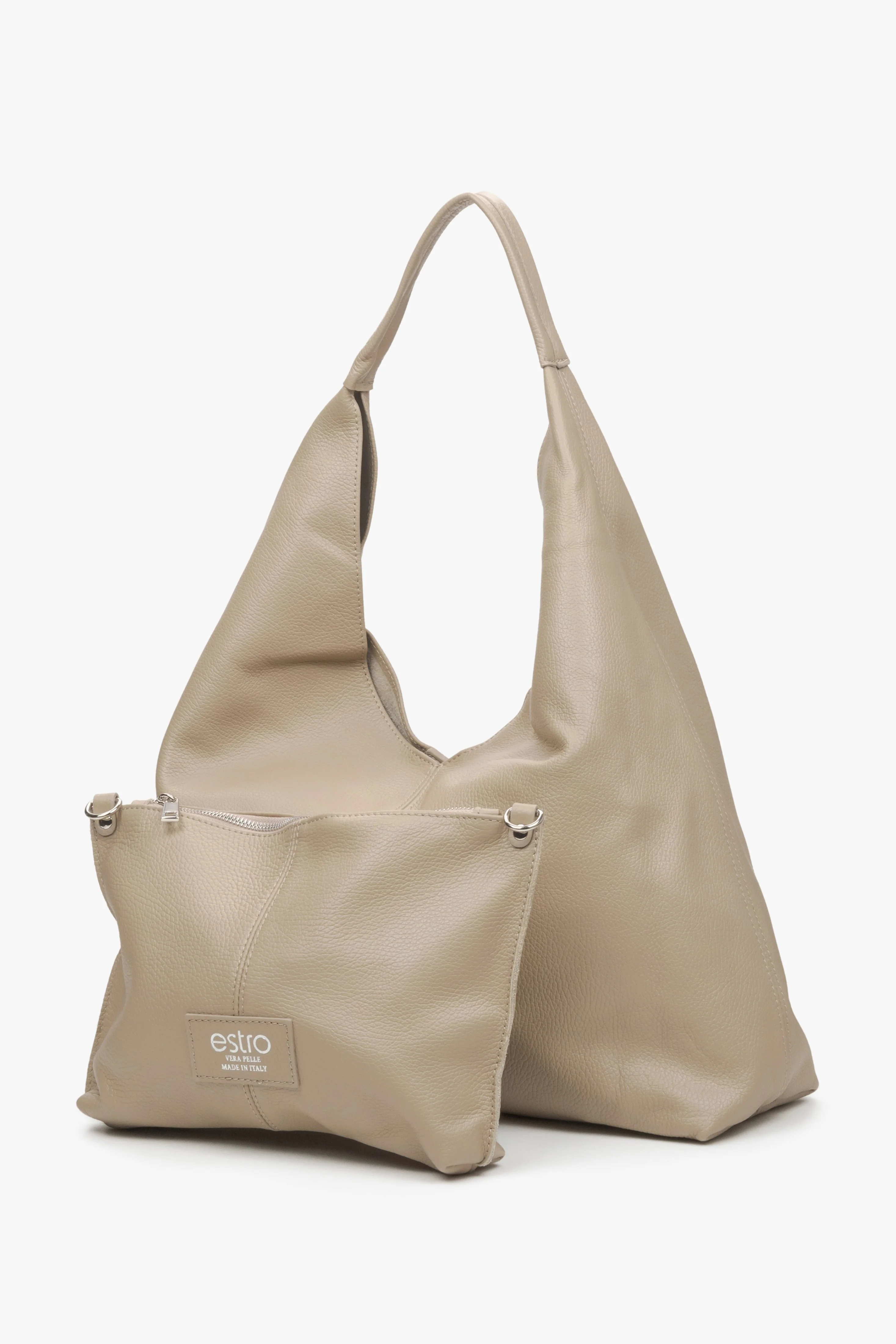 Beżowa torebka damska typu hobo z włoskiej skóry naturalnej Premium Estro ER00115413 - Image 4