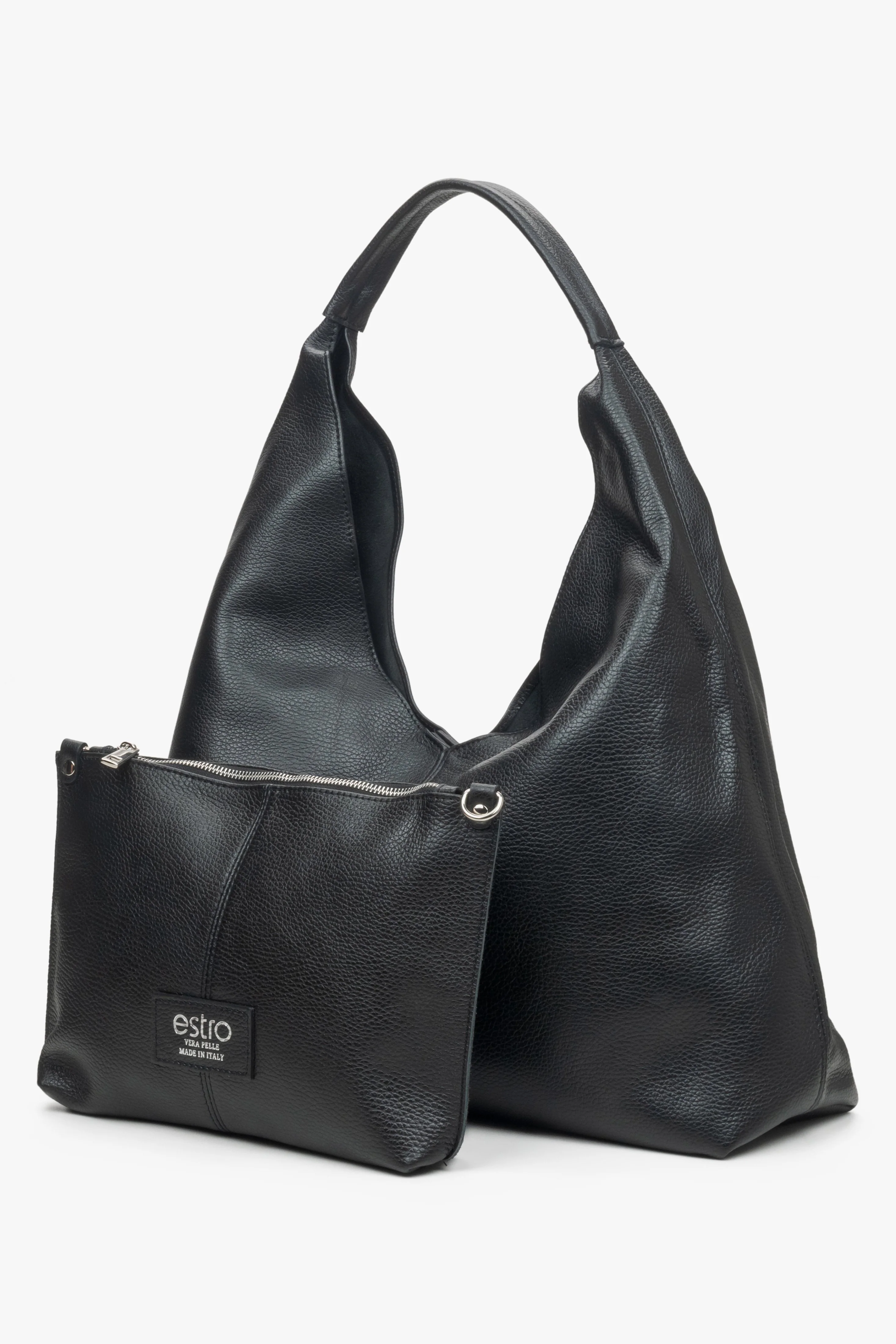 Czarna torebka damska typu hobo z włoskiej skóry naturalnej Premium Estro ER00115411 - Image 4