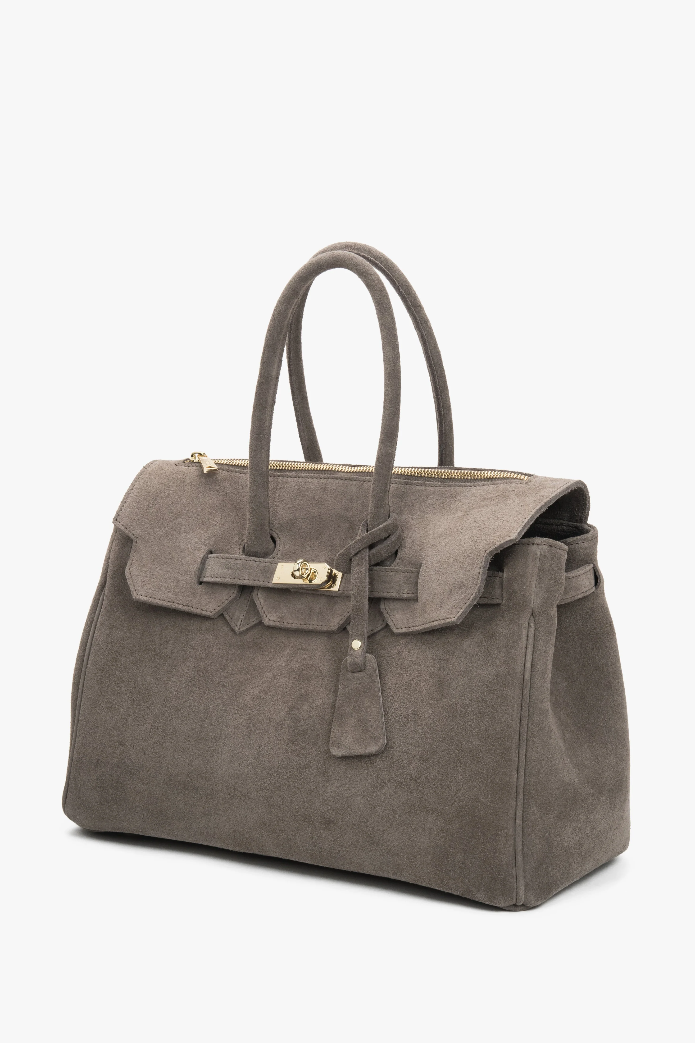 Torebka damska typu kuferek z włoskiego weluru naturalnego Premium w kolorze taupe Estro ER00118646 - Image 3