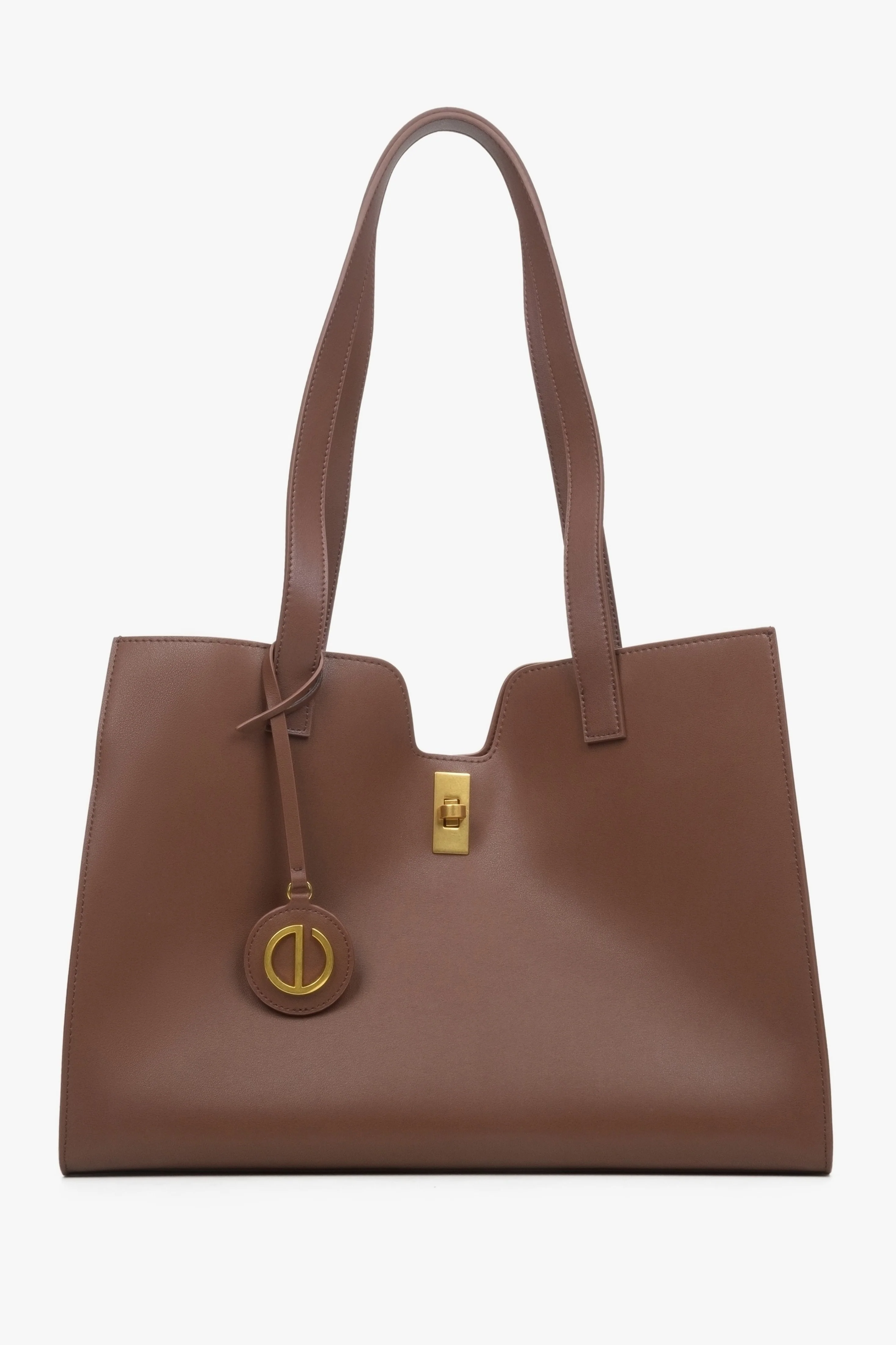 Ciemnobrązowa skórzana torebka damska typu shopper z ozdobnym pasem Estro ER00114206 - Image 5