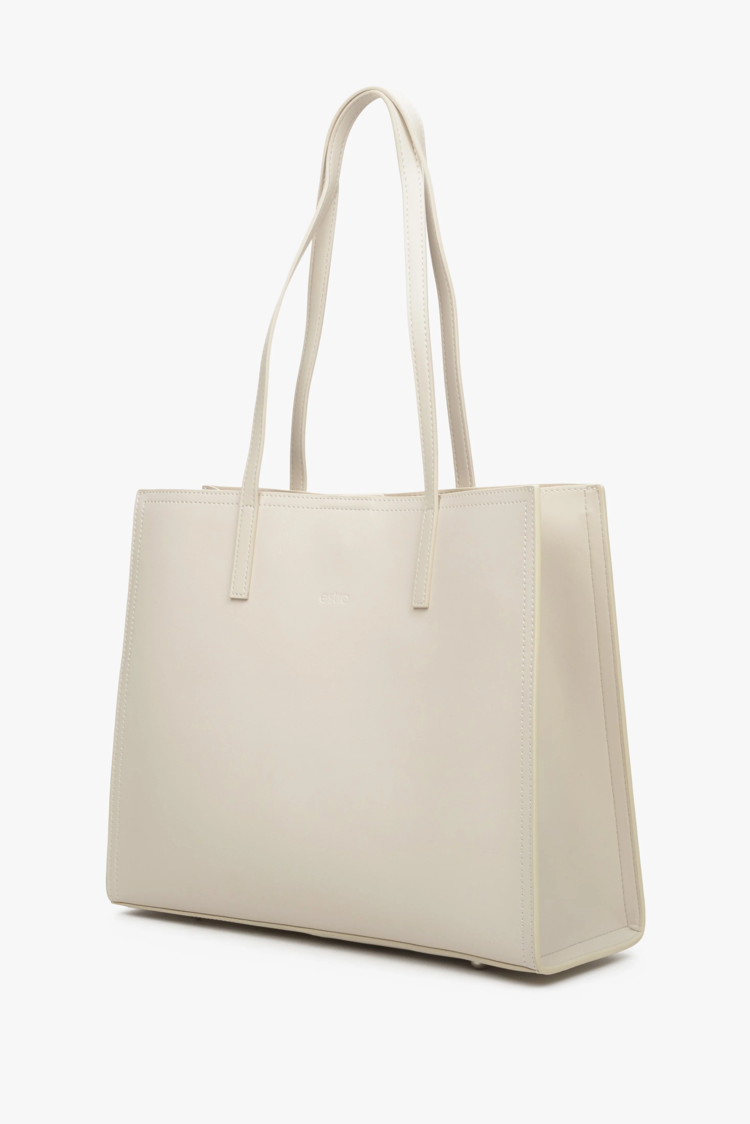 Jasnobeżowa skórzana torebka damska typu shopper Estro ER00113772 - Image 2