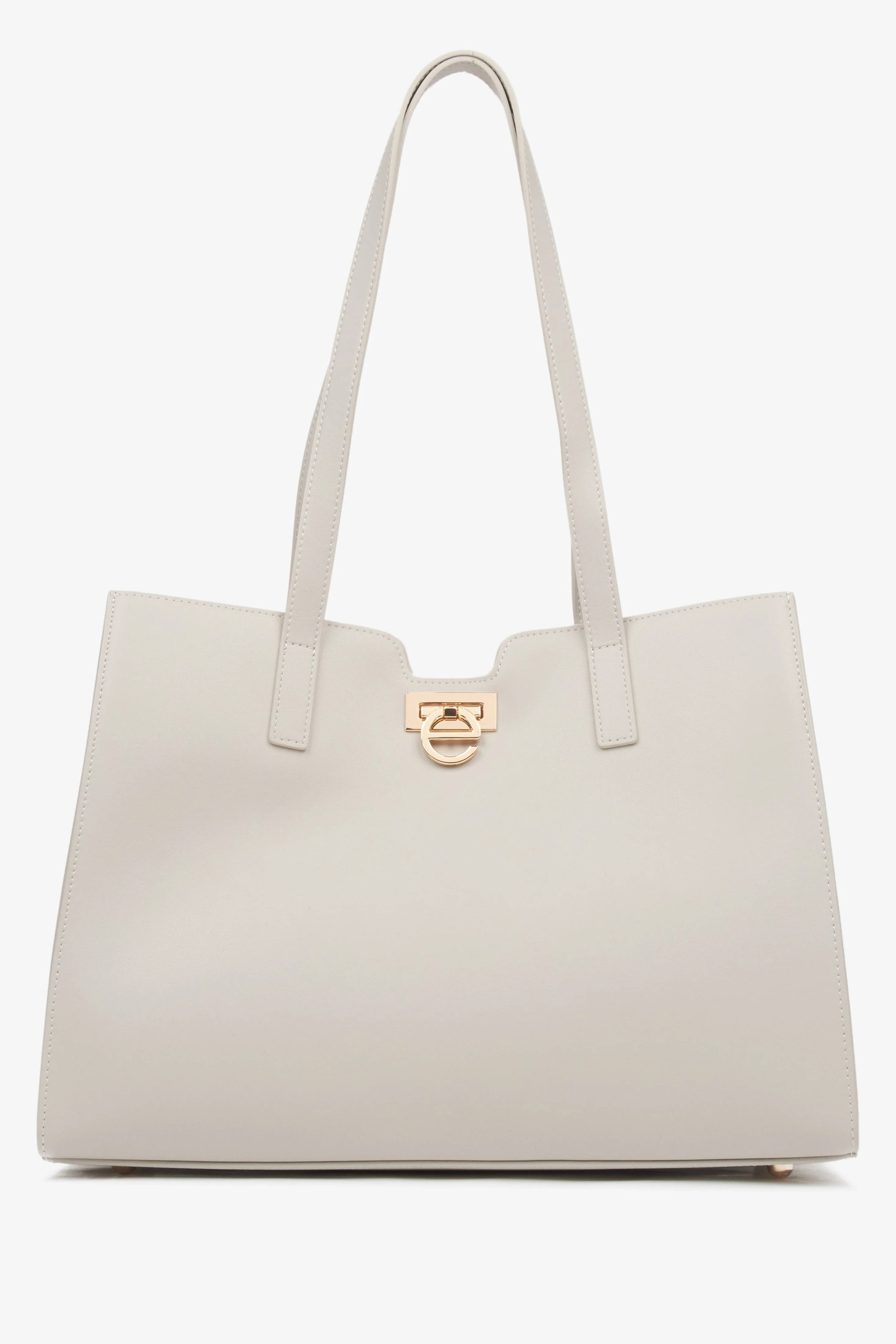 Jasnobeżowa skórzana torebka damska typu shopper ze złotymi okuciami Estro ER00115798 - Image 2