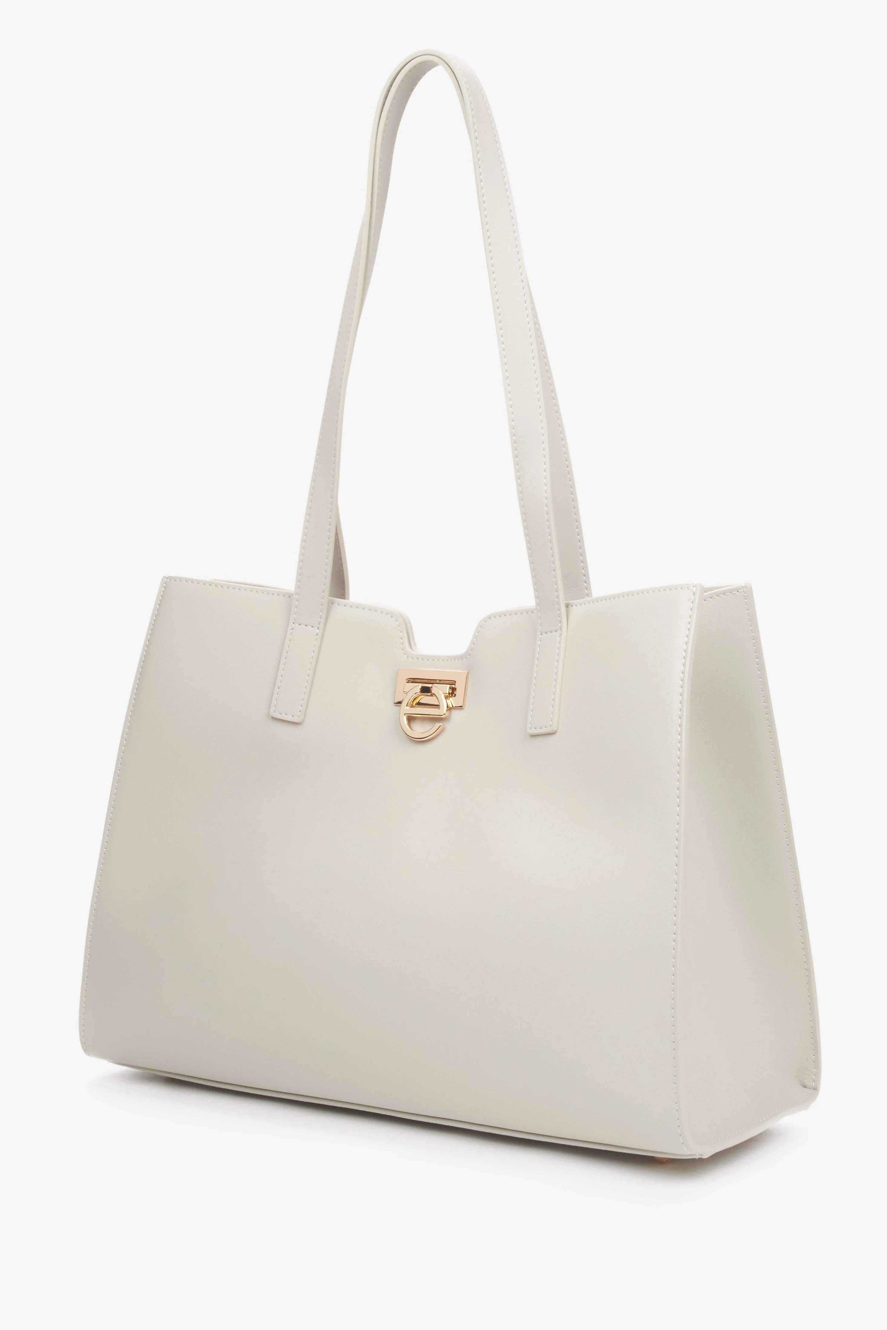 Jasnobeżowa skórzana torebka damska typu shopper ze złotymi okuciami Estro ER00115798 - Image 3