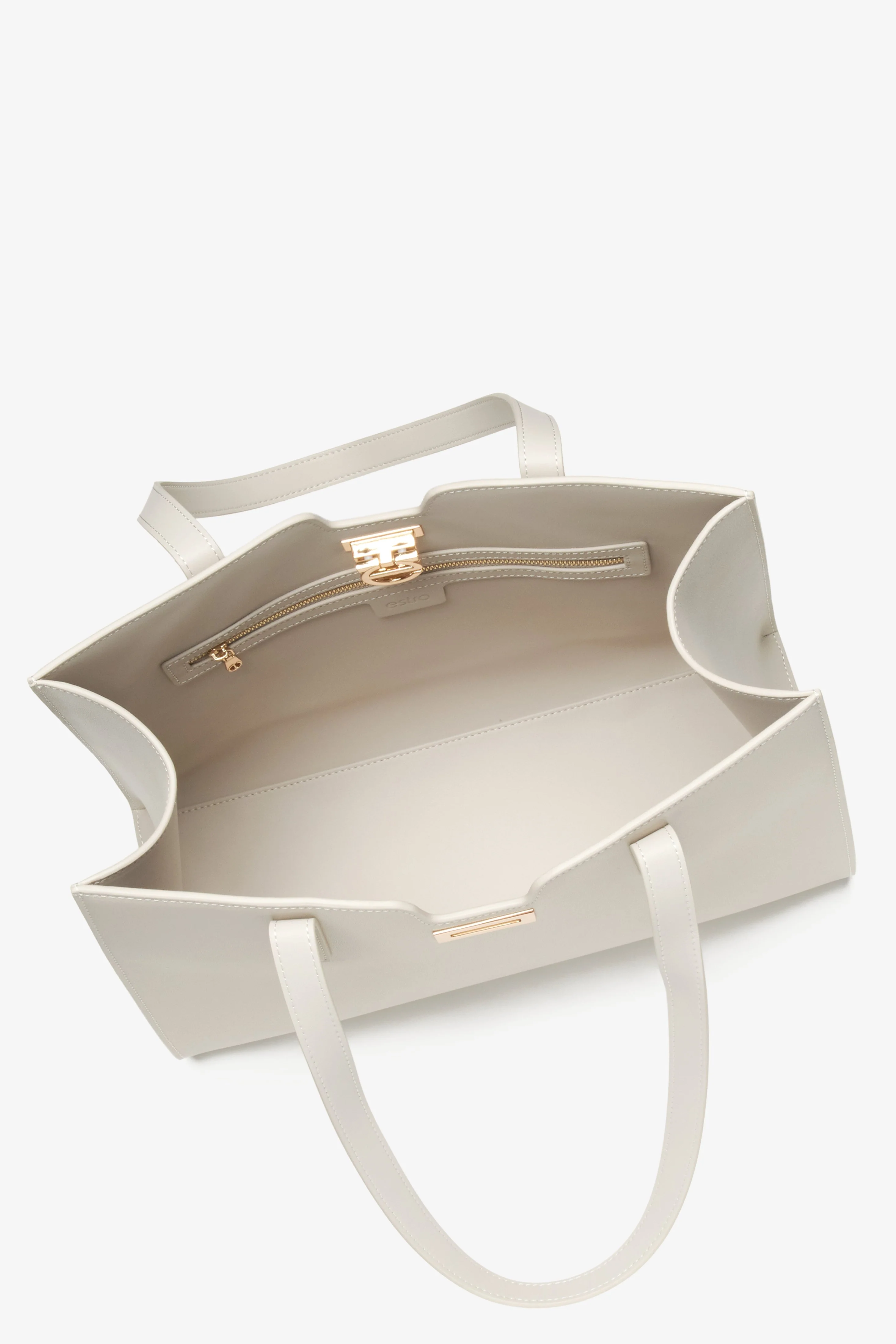 Jasnobeżowa skórzana torebka damska typu shopper ze złotymi okuciami Estro ER00115798 - Image 4