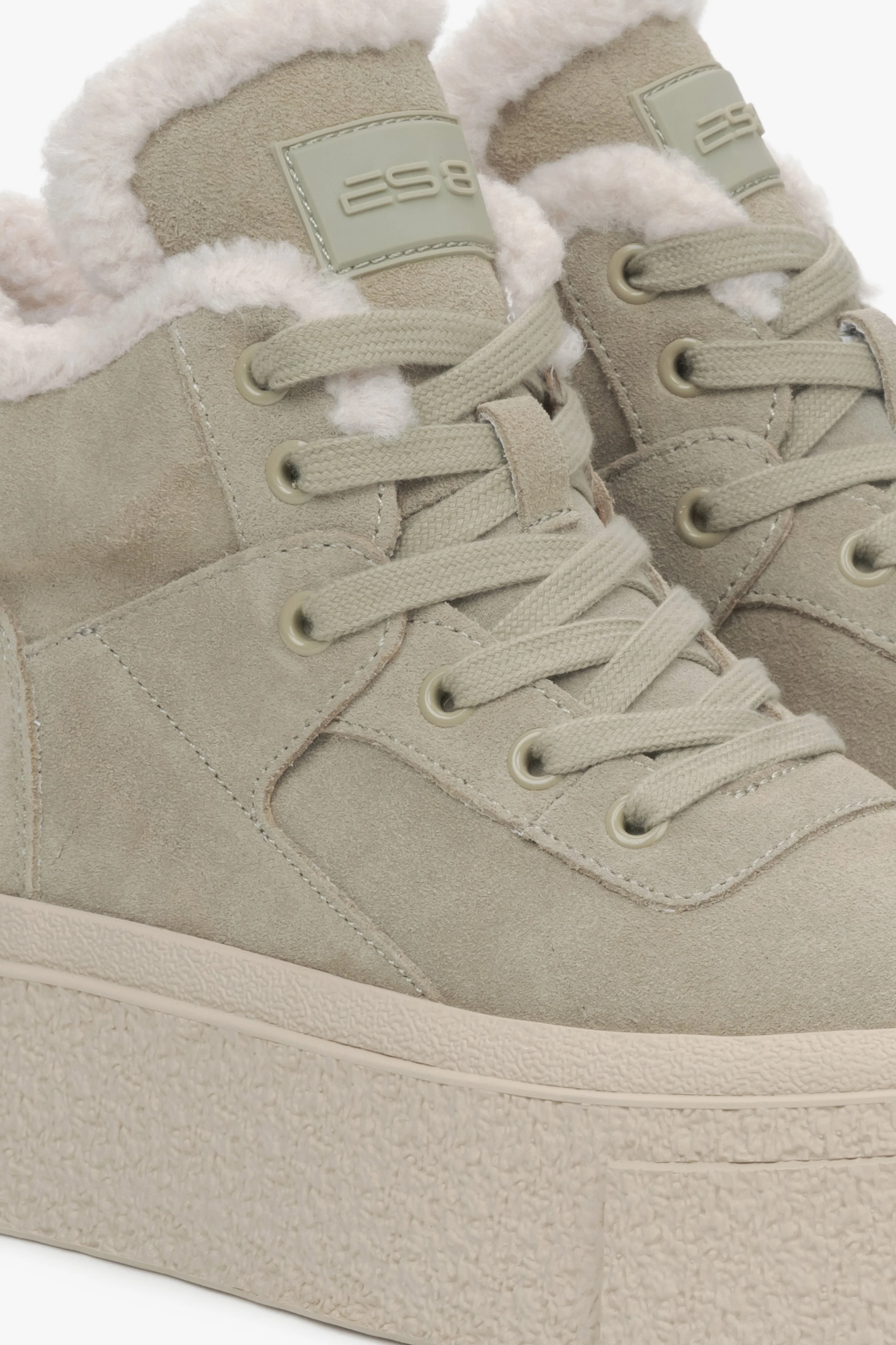 Wysokie trampki damskie na zimę w kolorze khaki z weluru i wełny ES8 ER00115865 - Image 8